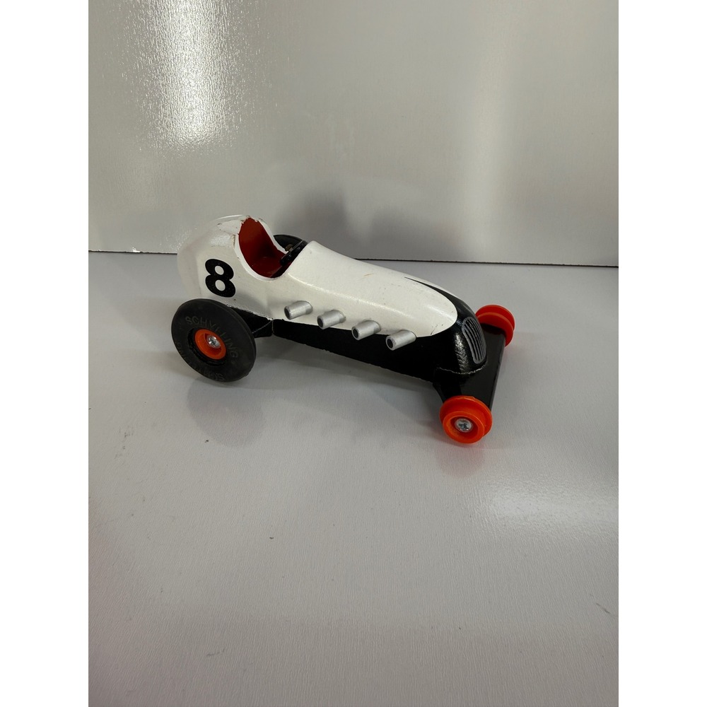 Schylling Wooden Race Car Number 8 White Black Vintage Style Toy Speedster